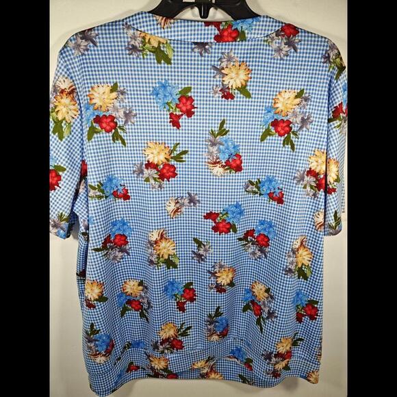 Blair 2XL Blue White Checked floral pullover top Square neck short Sleeve - Picture 5 of 10